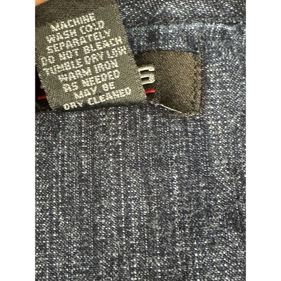 Chico’s Denim Jacket Size 2 Dark Wash Open Front Ruffle Trim Hem Casual Layering - Picture 10 of 11